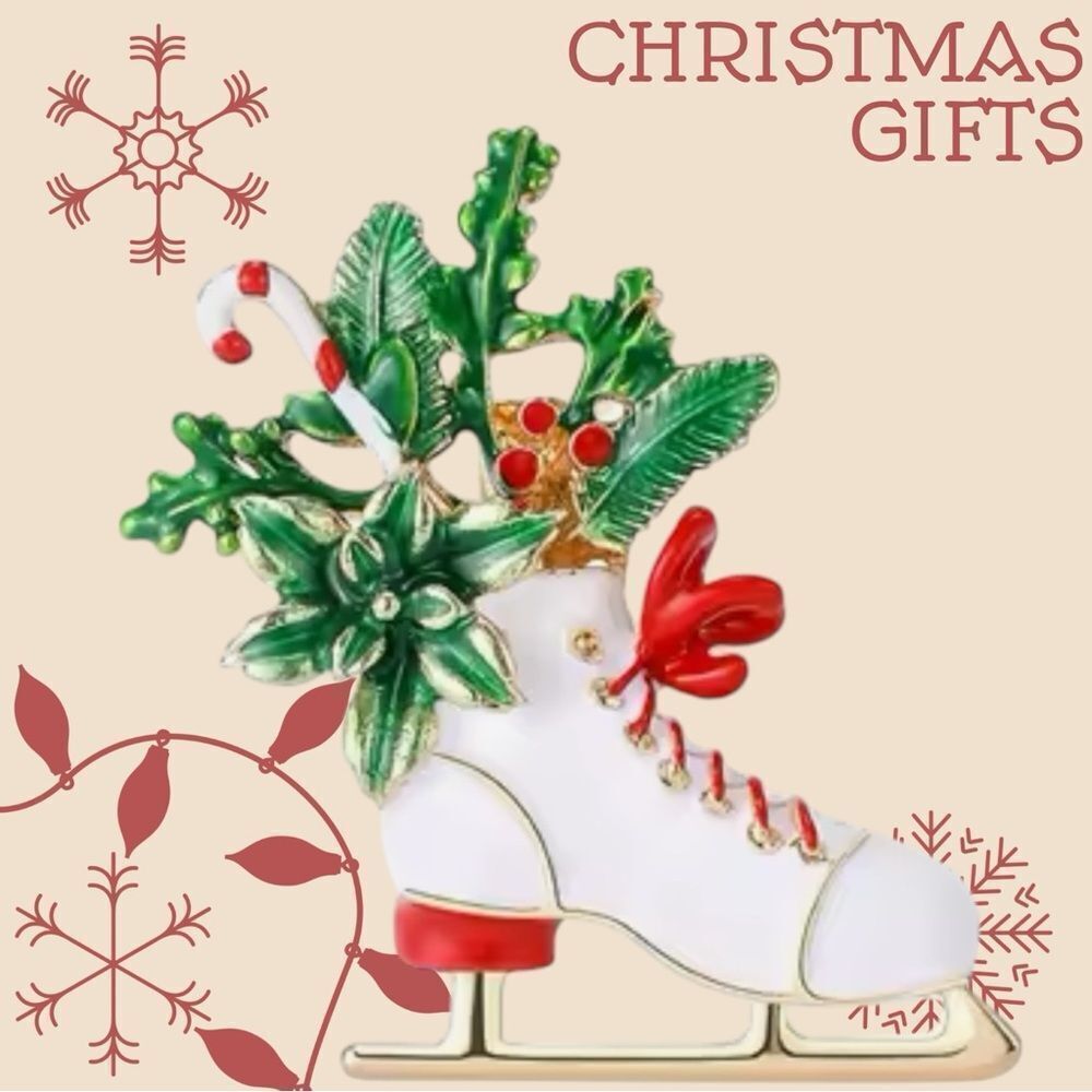ENAMEL CHRISTMAS ICE SKATES BROOCH